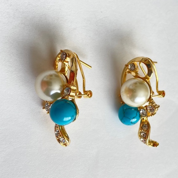 Natural Turquoise Rhinestone Faux Pearl Gold Colour Necklace, Bracelet, Earrings - Picture 6 of 7